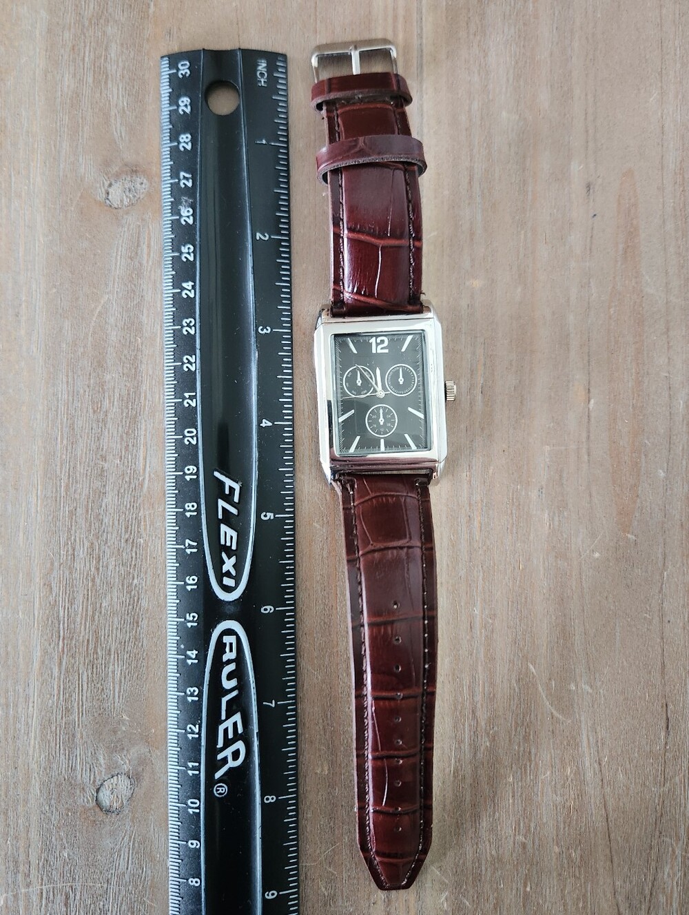 ⌚ Merona Men's Rectangular Dress Watch | Brown Croc-Embossed Strap | New Battery - Picture 8 of 9